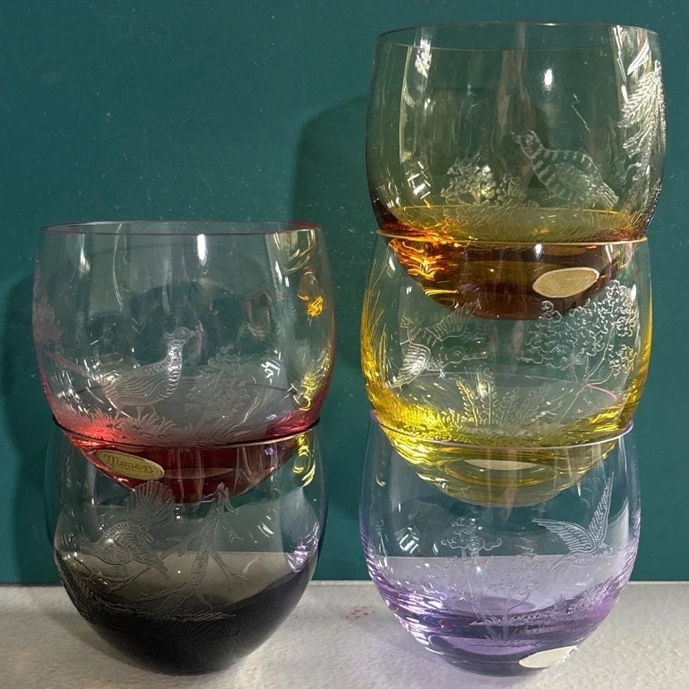 Vintage Moser‎ etched birds bohemian Czech crystal bar glasses
